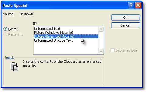 word's paste special choices